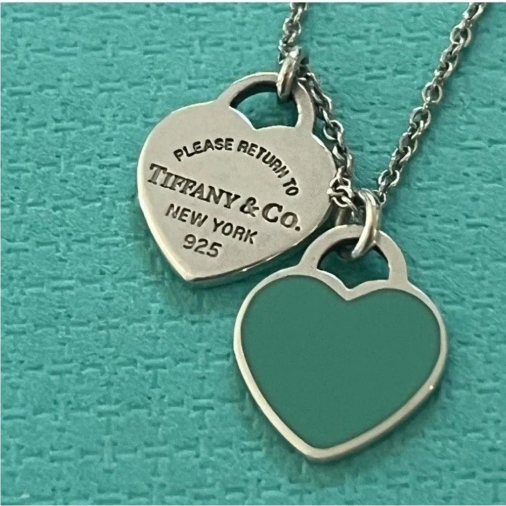Tiffany & Co 💯% Auth 925 Silver Blue Mini Double Heart Necklace✨w/Pouch✨EUC✨